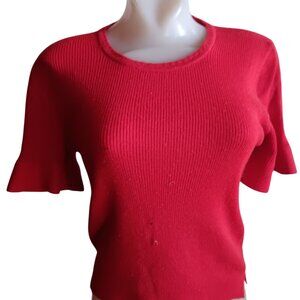 Women's Medium Knit Top Vintage 70s Red Short Sleeve With Ruffle Cuffs Crewneck